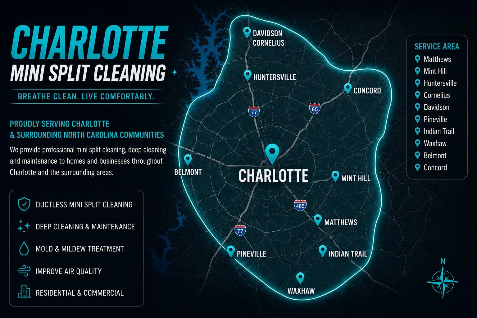Charlotte Mini Split Cleaning service area map covering Charlotte and surrounding North Carolina communities